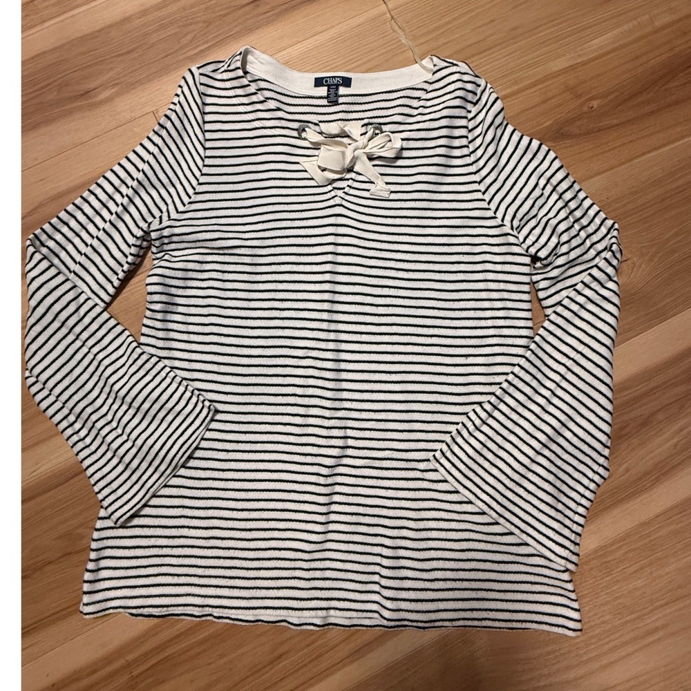 Chaps Striped Top Womens Large Navy Cream Nautical Coastal Ribbon Tie Chest